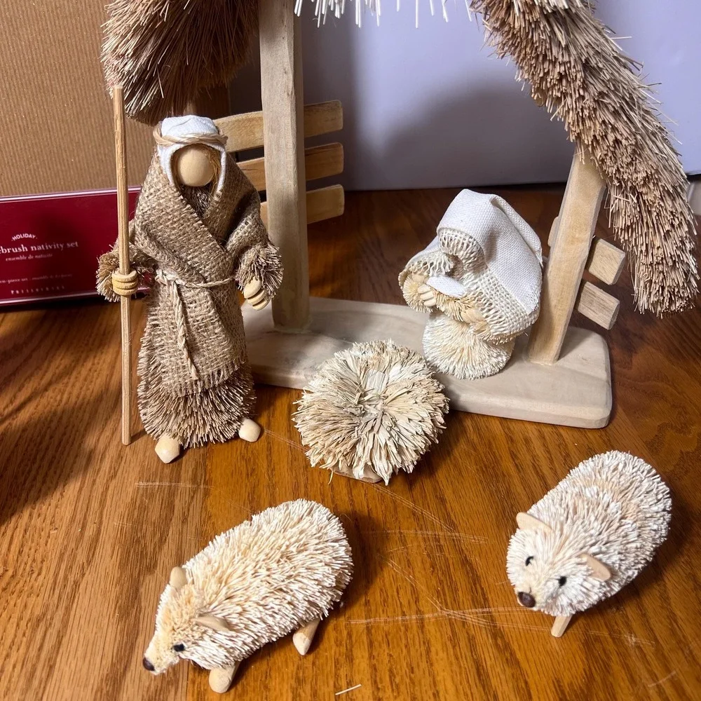 Pottery Barn Bottle Brush Nativity Set Complete 10 Pc w Box Christmas Decor